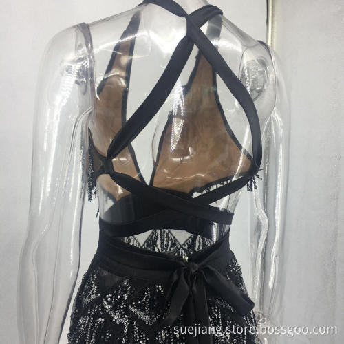 Sleeveless Deep V-neck Halter Style Women Sexy Dress